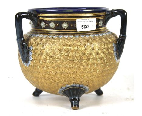 An early 20th century Royal Doulton stoneware cauldron. Stamped 1904 'hd' with three handles on a tripod legs, H17cm 20cm dia