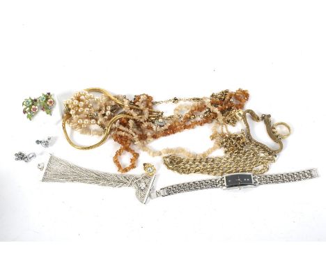 An assortment of costume jewellery. Including necklaces, a ring, pair of cufflinks, watch, etc.