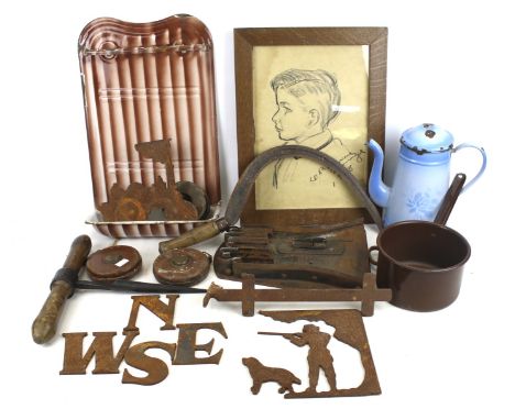 A group of assorted vintage collectables. Including a portrait sketch dated 1948, parts of a metal weather vane, fishing reel