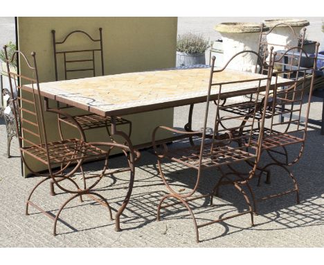 A tile top rectangular garden table and five metal frame chairs. Table measures L160cm x D100cm x H76cm, chairs H108cm