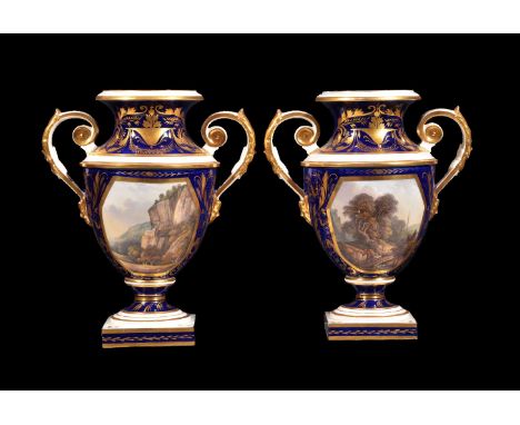 A pair of Derby (Rbt. Bloor) blue-ground and gilt two-handled urns painted with titled landscape views, circa 1825, each pain