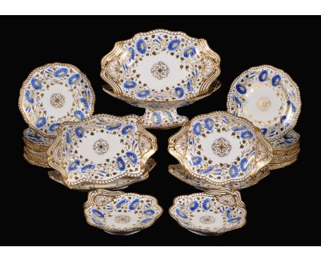 A Spode Felspar porcelain part dessert service, circa 1825-47, painted in blue, yellow and gilt with a band of convolvulus wi