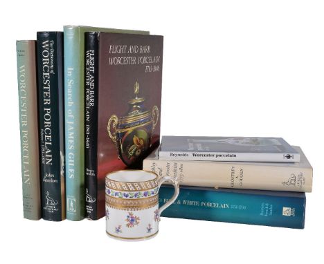 A Worcester (Flight &amp; Barr) mug and seven reference books on Worcester porcelain, the mug circa 1795; the books comprisin
