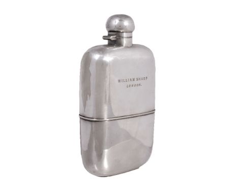 A large silver-plated field flask, early 20th century, inscribed for WILLIAM SHARP LONDON and fitted with locking ball stoppe