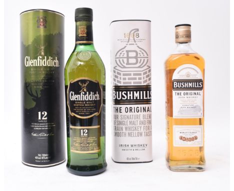 Two boxed single malt whisky / whiskey bottles. The lot to include a Glenfiddich Single Malt Scotch Whisky 12 years old bottl