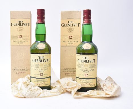 Two vintage late 20th century boxed The Glenlivet single malt scotch whisky 12 years old bottles. Each 70cl bottles, 40% vol.