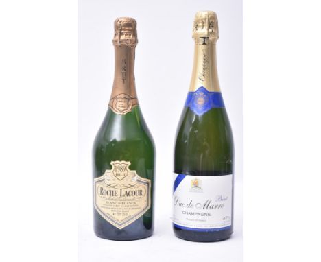 Two vintage French bottles of wine champagne. The lot to include a 1989 Brut Roche Lacour Methode Traditionnelle Blanc de Bla