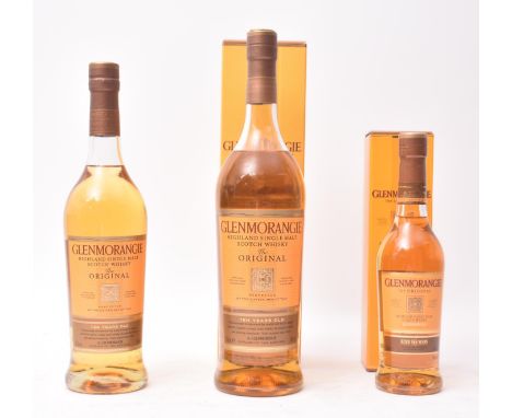 A collection of three Glenmorangie the Original 10 years old highland single malt scotch whisky bottles. The lot to include a
