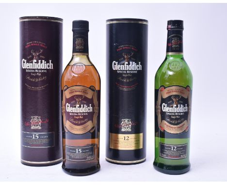 Two Scottish Pure Single Malt Glenfiddich aged Scotch Whisky. The lot comprising of a Glenfiddich Solera Reserve Aged 15 Year