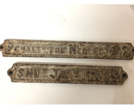 Two Genuine Railway cast iron railway gate sings Shut the gate and Penalty for Neglect Â£2 from a field crossing gate from th