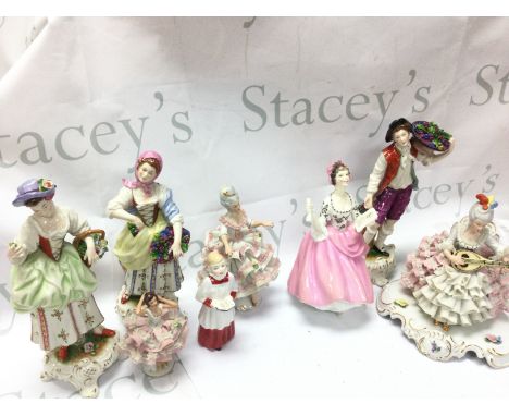A collection of early 20th century Dresden porcelain figures and a some Royal Doulton figures including Ballad Seller, Choir 