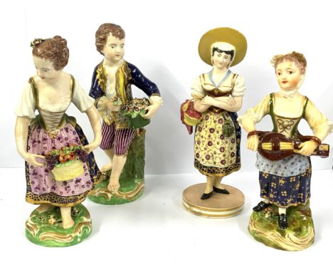 A pair of porcelain figures of children holding flower baskets with Derby marks together with 2 additional figures 1 Flower g