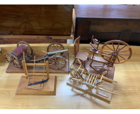 Hand built wooden scale models, English 9 PDR and Limber (canon and trailer), Spinning wheel and stick back chair, Charcole b
