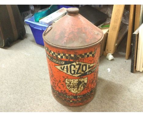 A rare vintage Vigzol 5 gallon oil drum. Shipping category D.