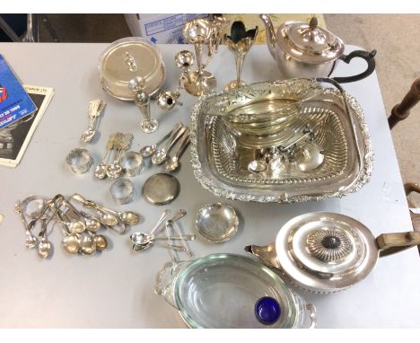 A collection of silver plated items including Chinese spoons and napkin rings , a small silver hallmarked flower shaped dish,