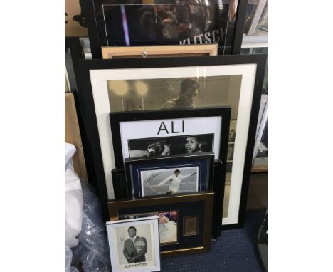 A collection of large framed sporting autographs including Forumla One, Boxing , tennis etc , framed and signed Spurs shirt, 