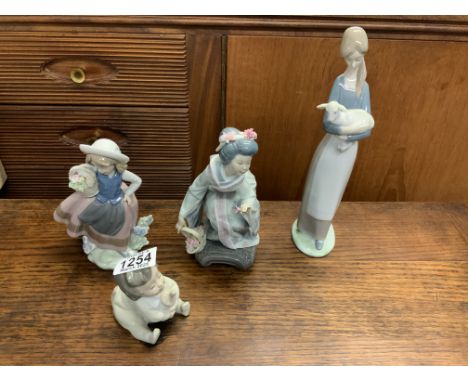 3 Lladro porcelain figures together with a small NAO baby figurine. (D)