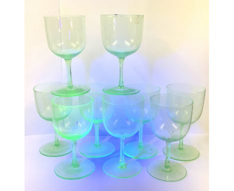 9 vintage Uranium glass wine glasses, 12cm.