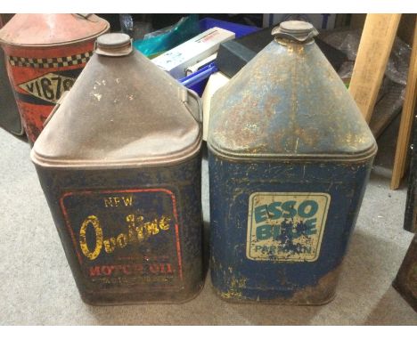 Two vintage 5 gallon oil and petrol cans comprising an Esso Blue and Ovoline Oil examples. Shipping category D.