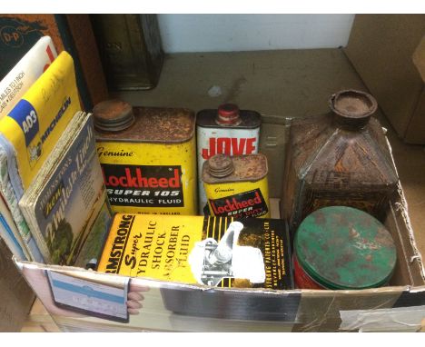 Two boxes of vintage motoring related tins and three road maps (2). Shipping category D.