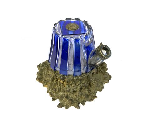 A S.Mordan & Co. Blue and clear glass inkwell mounted on gilt metal floral base. 10cm