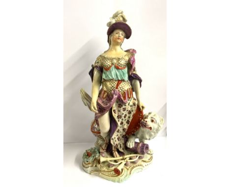 A large Derby porcelain figure, Britannia, circa.1765, standing beside a lion, and with trophies at her feet, patch marks, so