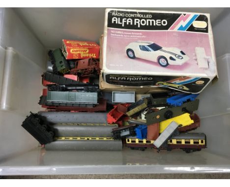 A box filled with a train set and other vintage toys.