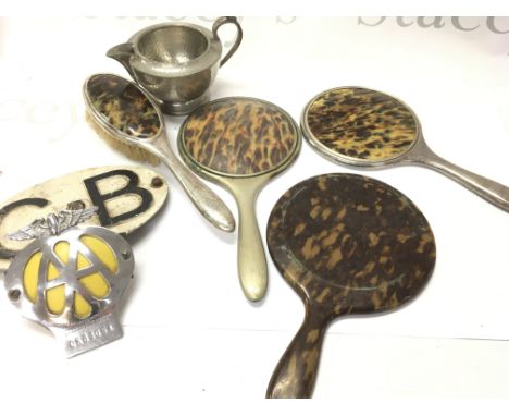 A mixed lot including tortoiseshell mirrors, vintage AA badges,