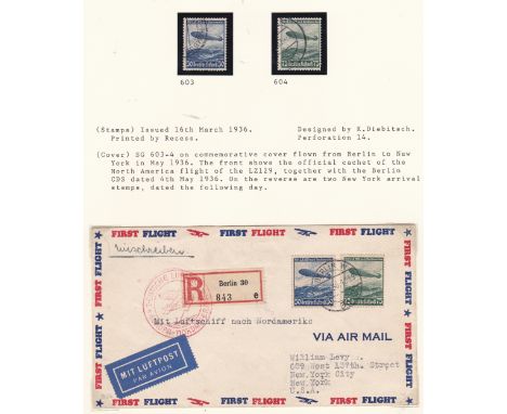 Germany 1936 10th anniv Lufthansa SG600 x 2 m/m &amp; used; Env cancel on SG600 &amp; pair SG493b; Air Issue Zeppelins SG603-