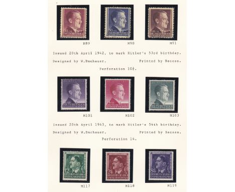 Germany 1942-1944 Hitter's Birthday issues; 53rd SG444-446 used set; 54th SG456-458 m/m set; 55th SG469-471 m/m set; 3rd offi
