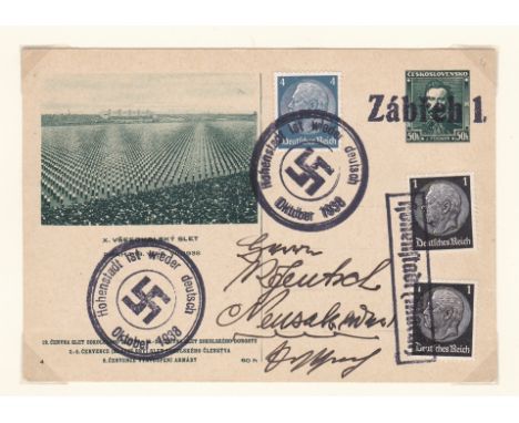 Germany 1938 Occupation Sudetenland Czech pre paid postcard cancel on 2 x SG493b, 495b; Postcard cds Jagandorf on SG648-649 &