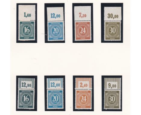 Germany 1946 Allied Numeral Definitives SG900, SG910 u/m minor print error, SG909 used imperf; SG904, 906, 908 u/m plain selv