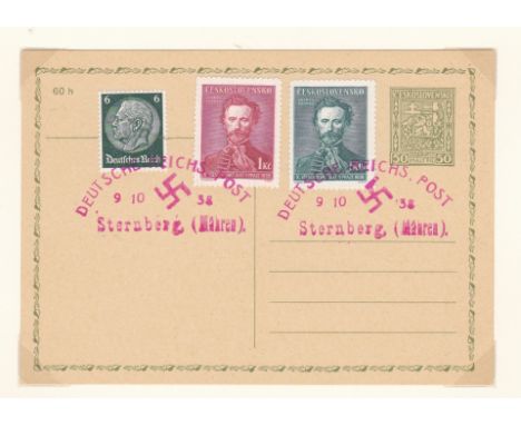 Germany 1938 Occupation Sudetenland Env provisional Sollmus cancel on SG500b; pre paid postcard SG497b &amp; Czech SG385-386 