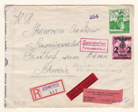 Germany 1940 General Government Env Krakau cancel 23.7.1940 on SG361, 380 x 5; Env Miele cancel 19.9.1940 on SG390, 395; Env 