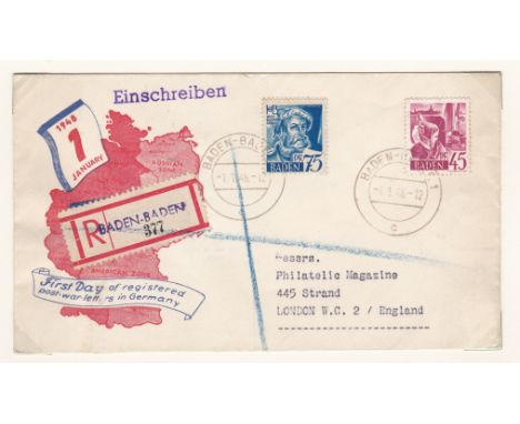 Germany 1948-1949 French Zone German Stamp Centenary Baden SG FB54-FB55 used set, Rhineland Palatinate SG FR49 m/m, Wurttembe