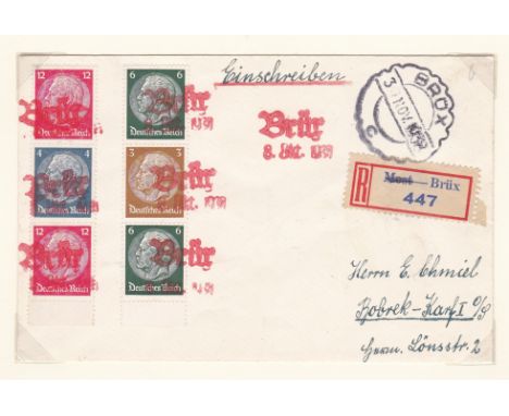 Germany 1938 Occupation Sudetenland Env Philatelic cancel on pair SG494b &amp;opt on stamp from MS377a; Postcard cancel on SG