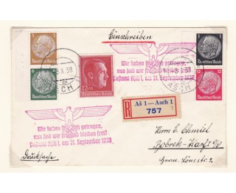 Germany 1938 Occupation Sudetenland Env cachet stamp Czech military unit; Military postcard field post office no 23; Env canc