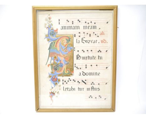 A well executed manuscript vellum antiphonal leaf, musical score, text in black and red, large decorative gilt watercolour hi