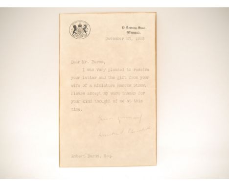 SIR WINSTON SPENCER CHURCHILL (1874-1965), Typed Letter Signed to Robert Burns Esq., Harrow hat maker, of 52 High Street, Har