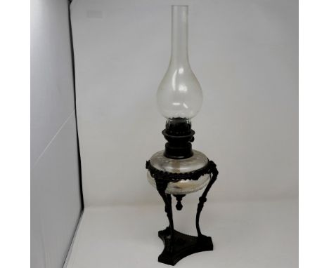 Brass mounted and glass paraffin lamp with chimney, H: 55 cm. Not available for in-house P&amp;P 
