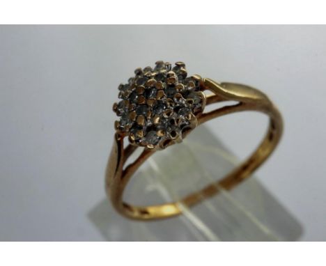 9ct gold diamond cluster ring, size O, 1.8g. P&amp;P Group 1 (£14+VAT for the first lot and £1+VAT for subsequent lots) 