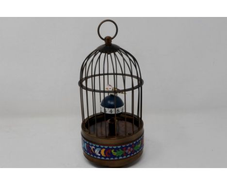 Brass and enamel bird cage clock, working at lotting, H: 23 cm. P&amp;P Group 1 (£14+VAT for the first lot and £1+VAT for sub