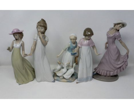 Four Nao figurines and a further similar (5) example, four with damages, largest H: 30 cm. P&amp;P Group 2 (£18+VAT for the f