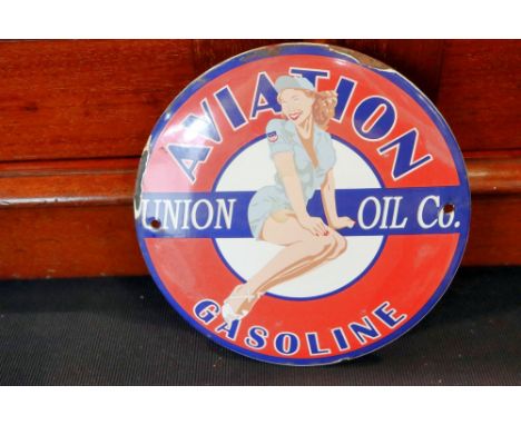 Aviation Gasoline enamel sign, D: 15 cm. P&amp;P Group 1 (£14+VAT for the first lot and £1+VAT for subsequent lots) 