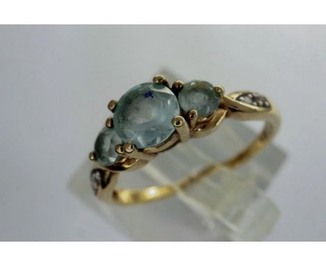 9ct gold trilogy ring set with aquamarine and diamond shoulders, size L, 1.6g. P&amp;P Group 1 (£14+VAT for the first lot and