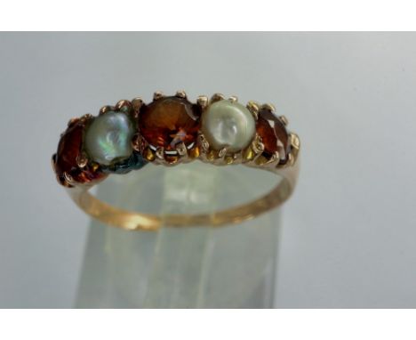 Unmarked 9ct gold ring set with garnet and pearls, size N, 2.26g. P&amp;P Group 1 (£14+VAT for the first lot and £1+VAT for s