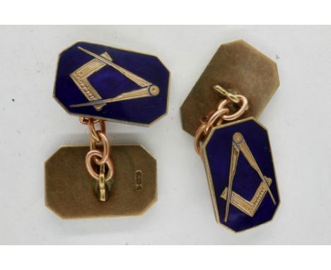 Pair of 9ct gold and blue enamel masonic cufflinks, 9.6g. P&amp;P Group 1 (£14+VAT for the first lot and £1+VAT for subsequen