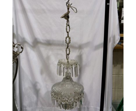Glass lustre hanging ceiling light, H: 86 cm, 88 cm drop, W: 30 cm, one drop is unhooked/chipped other appear okay. Not avail