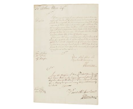 East India Company - Fort St. George [Coromandel Coast, India] - Harrison, Edward (1674-1732) Letter signed ('E. Harrison') t