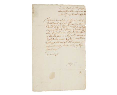 Jeffreys, Judge George (1645-1689), "The Hanging Judge" Document signed "Jeffreys C" as Lord High Chancellor of England being